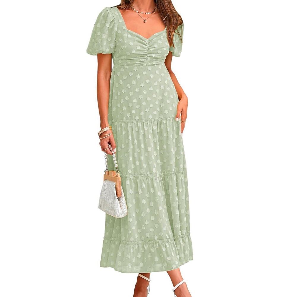 Smocked Bodice Midi Dress in Sage Polka Dot